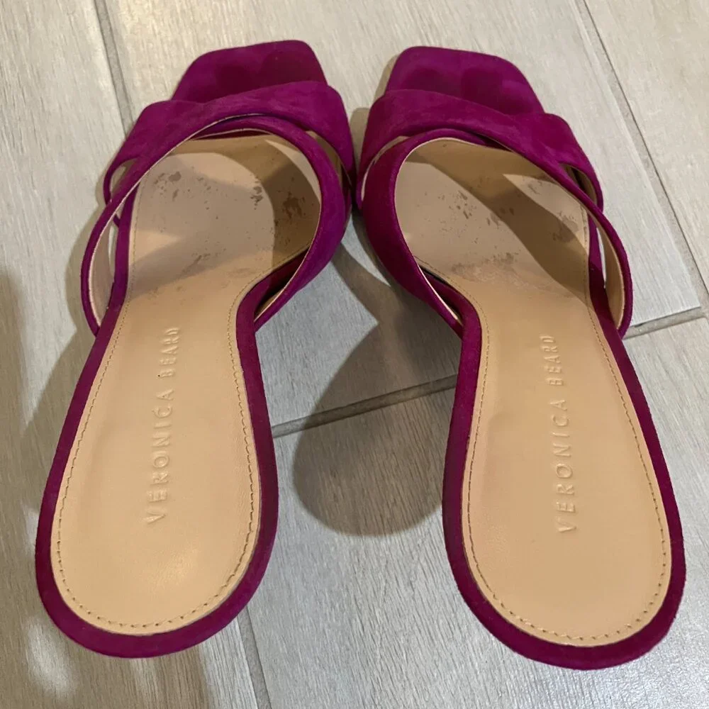 Veronica Beard Alsea Raspberry Pink Suede Mule Heels Square Toe Sandals Sz 8.5